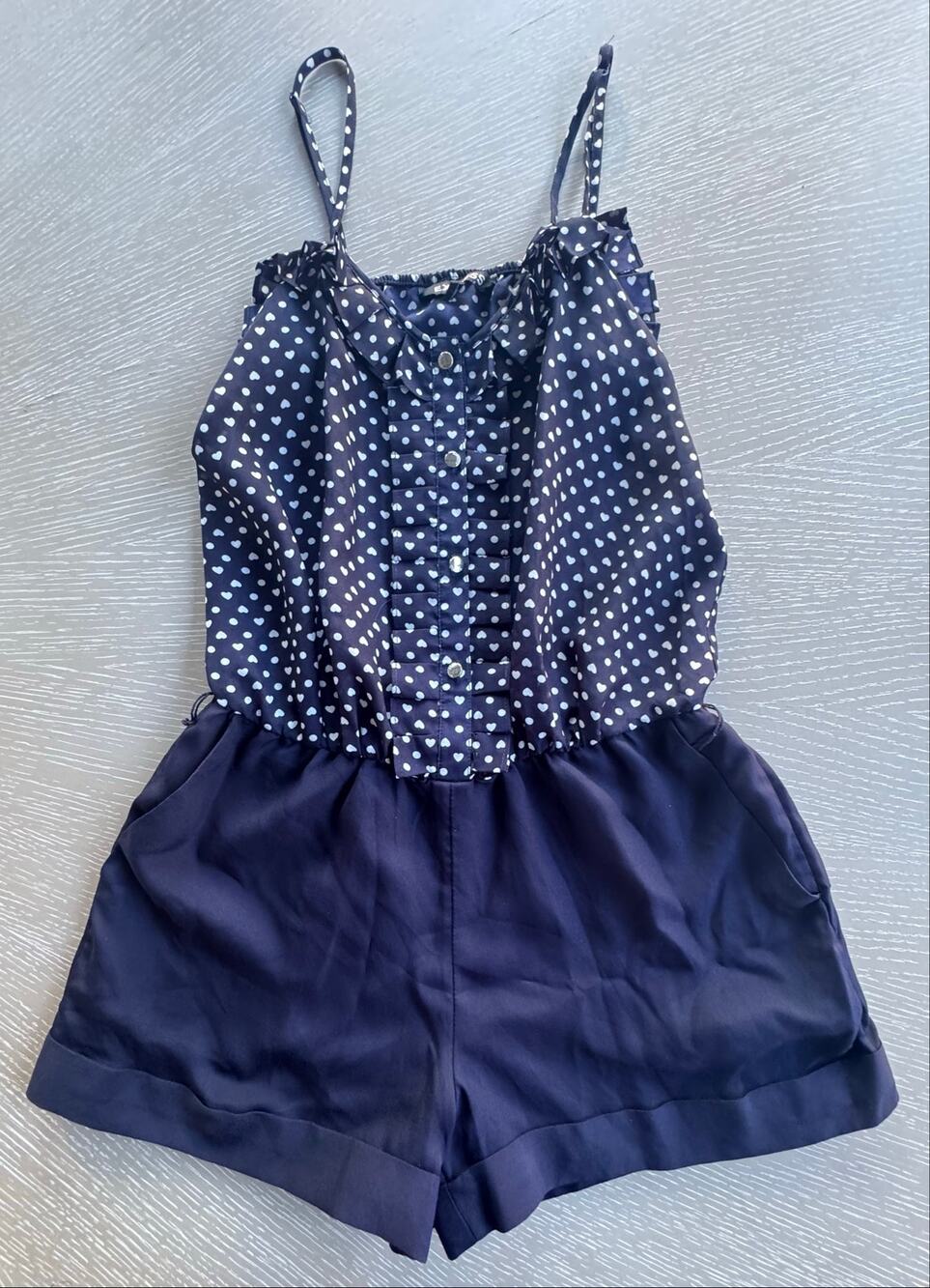 Express Navy Blue Heart Print Ruffled Spaghetti Strap Romper Size XS